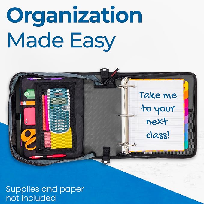 Case-it Mighty Zip Tab School Zipper Binder | 3-Inch O-Rings,600-Sheet Capacity,5-Subject Expanding File Folder,Multiple Pockets & Storage Organizer,Shoulder Strap | D-146 Jet Black,(Pack of 6)