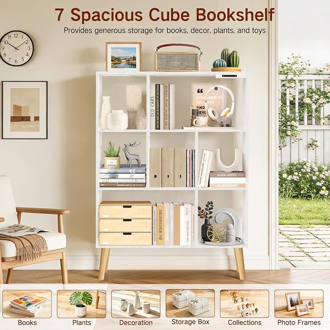7-Cube Bookshelf with LED Lights, Touch & Remote Control, Freestanding Open Bookcase Storage Shelf, Dimmable Modern Wooden Display Organizer with Legs for Living Room, Bedroom, Office(White)