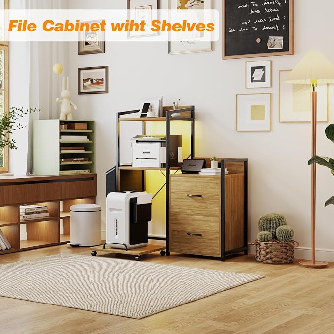GarveeLife File Cabinet Furniture, Filing Cabinet with 2 Drawers, Rolling Printer Stand with Open Storage Shelves for Home Office, Printer Stand with Power Strip & LED Lights, 49.2" h, Natural