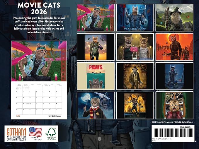 Movie Cats Calendar 2026 by Vincent Hie Funny Gift Funny Pop Culture Cats in Movies Wall Monthly 12 Month | American Made In The USA