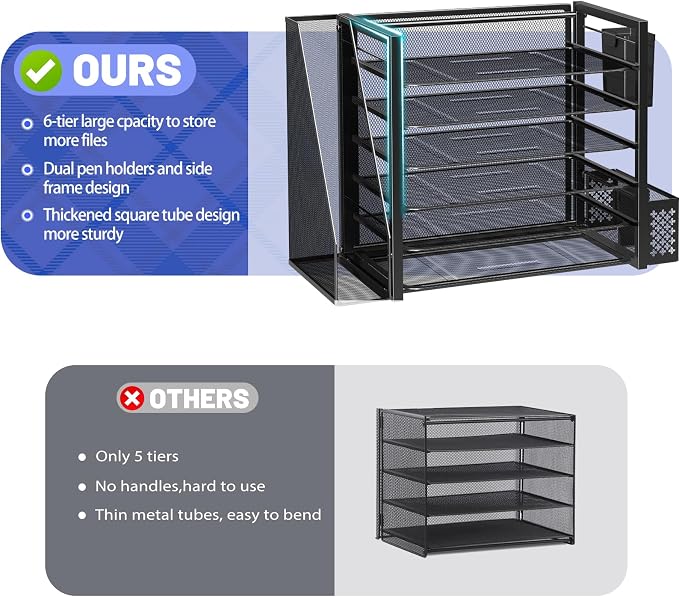 Simple Trending 6 Tier Metal Desk File Organizer with 2 Pen Holders, Black | 18"L x 9"W x 13"H, 6 Trays + Side file holder + 2 pen holders, sturdy metal frame, non-slip base, easy assembly, 24h support.