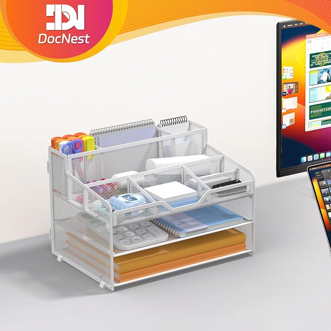Docnest 3 Tier Mesh Desk Organizer with Letter Tray & Paper Sorter, White | Features 3 built-in pen holders & 5 adjustable compartments on top. Includes 4 non-slip rubber feet for desk protection