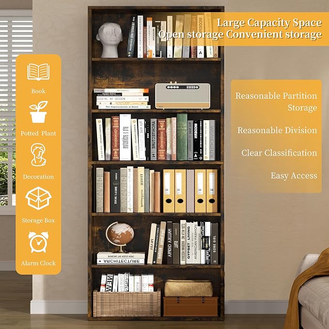 Shintenchi Bookshelf,6-Tier Open Bookcase and Bookshelves,6 Shelf Display Storage Shelves Floor Standing 70.6 inches Tall Bookcase for Home Office, Living Room (Brown)
