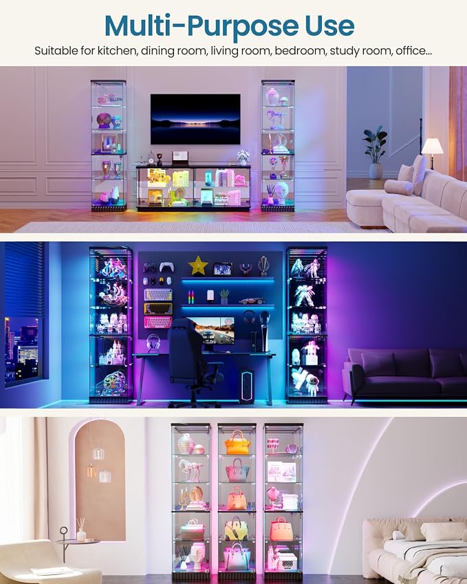 Lvifur 67''H Lockable Display Cabinet with Glass Doors & RGB Lights,Black | 5-Tier Glass Curio Display Cabinets with Motion Sensor Lights,China Cabinet with Removable Shelves,Lighted Showcase