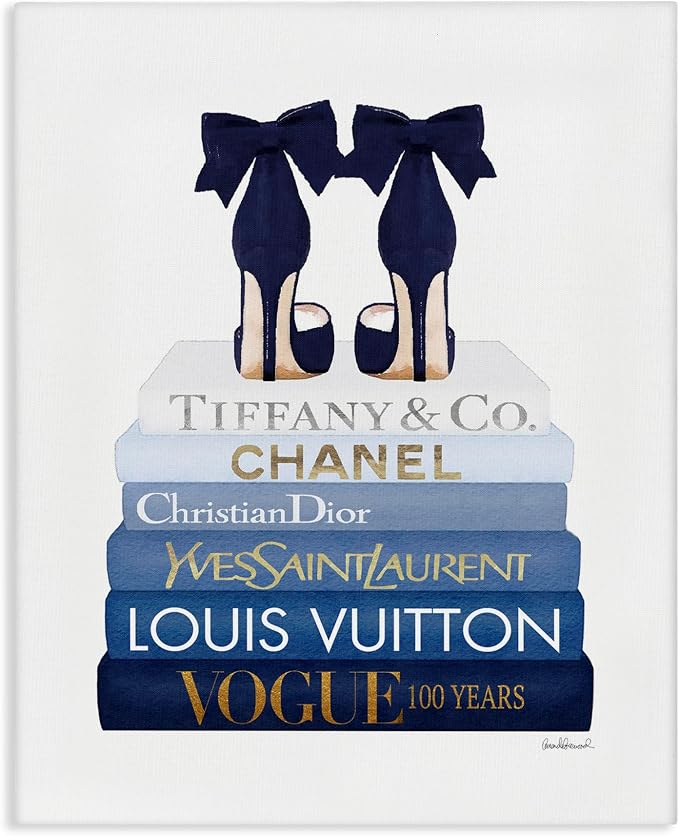 Chic Heels Bookstack Glam, 30 x 40 Inch Canvas Wall Art | Stupell Industries · By Amanda Greenwood · Ready to hang · Fashion forward decor for bedroom or office · Made in USA
