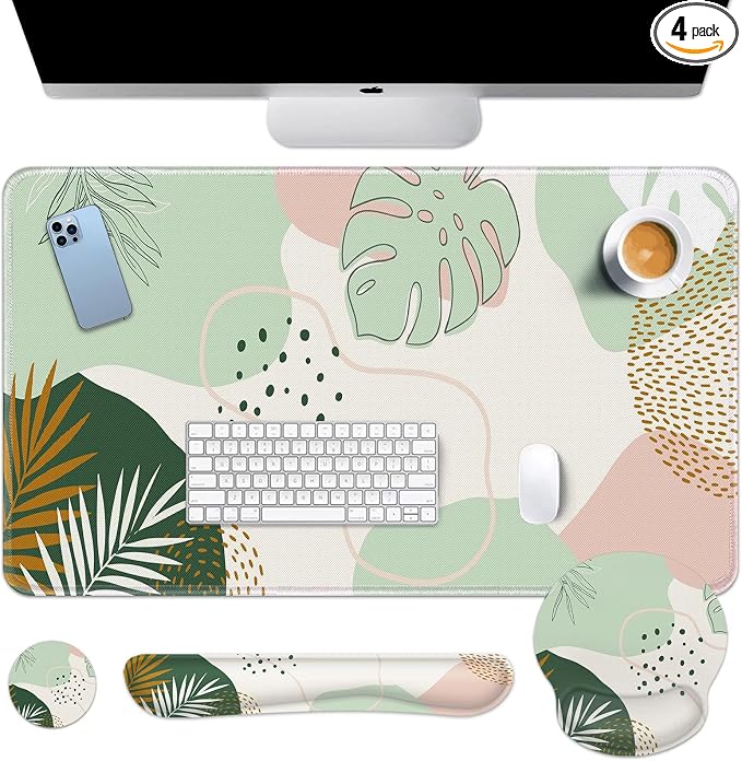 Keyboard Mouse Pad Set, 4 in 1 Desk Mat Set, Boho Green | Leaves Large Mousepad+Keyboard Wrist Rest+Mouse Wrist Rest+Coaster Ergonomic Design for Home Office Computer