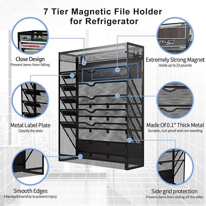 7-Tier Magnetic File Holder, No Drilling Wall File Organizer, Hanging File Organizer, Vertical Holder Rack for File Cabinets, Whiteboard, Refrigerator