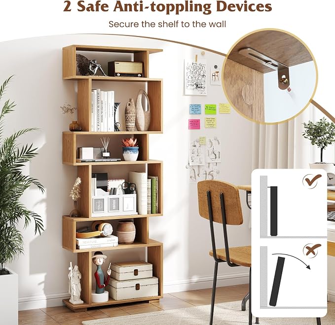 Tangkula 6-Tier S-Shaped Bookshelf, 64" Freestanding Geometric Bookcase, Home Office Wood Storage Shelf with Anti-Toppling Device, Room Divider Display Rack for Study, Living Room (1, Natural)