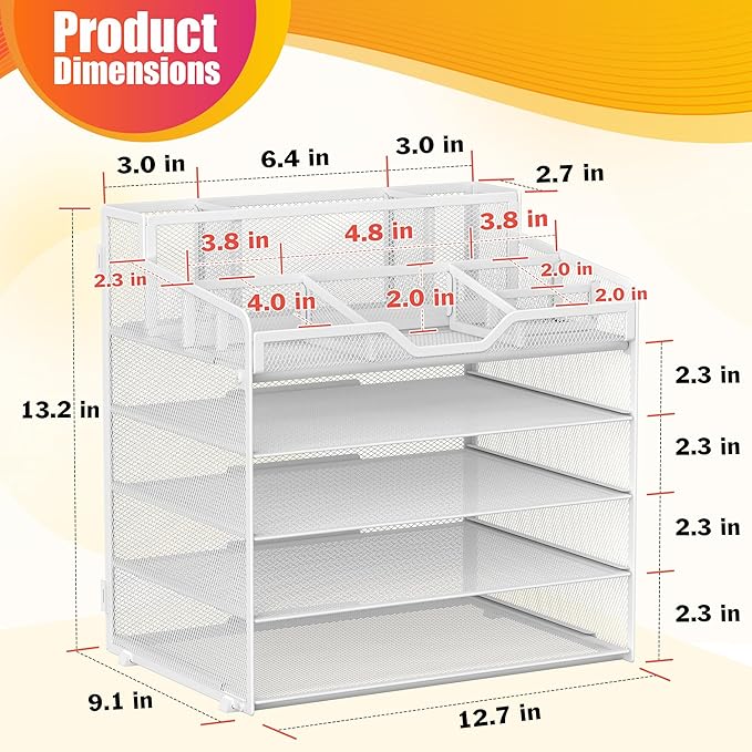 Docnest 5 Tier Mesh Desk Organizer with Letter Tray & Paper Sorter, White | Features 3 built-in pen holders & 5 adjustable compartments on top. Includes 4 non-slip rubber feet for desk protection