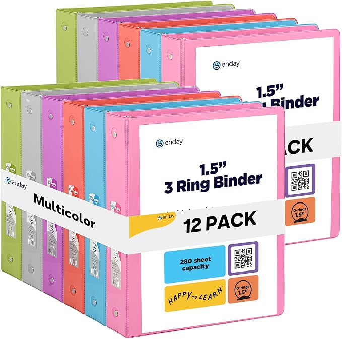 Enday 1.5 Inch Binder (12 Pack - Assorted Colors) 3 Ring Binder 1.5 inch with Clear View Cover and 2 Inside Pocket - for Letter Size 8.5 x 11'' Paper, Ideal for School Supplies, Office, and Home