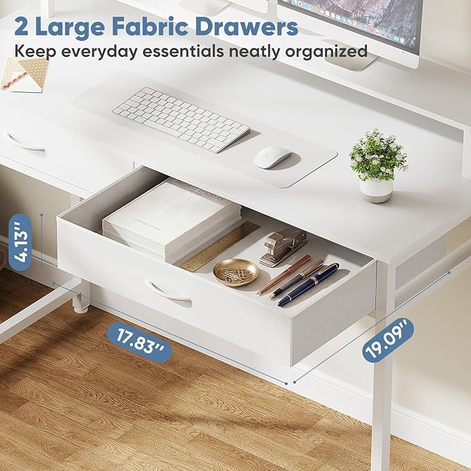DUMOS 40-Inch Computer Desk with Drawers and Monitor Stand, White | Small Writing Desk for Home Office with Headphone Hook, Compact Study Table for Bedroom