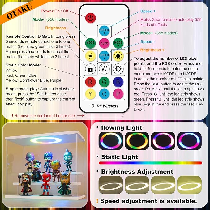 LANSCOERY Acrylic Display Case with RGBW Lights, 3 Tier White | 11.8 x 6.3 x 9.4 in case displays small figures on desks or shelves with tiered rows and front access.