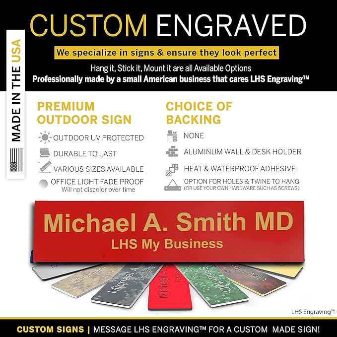 Engraved Name Plates for Door Sign Personalized Red Plastic Plaque with Gold Letters - Made in USA 2x8 B17