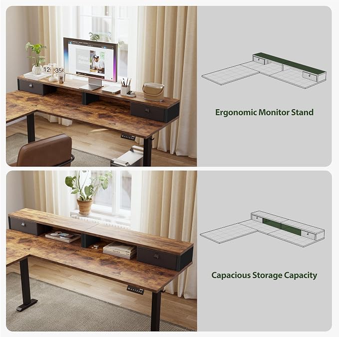 Agilestic 63 Inch L Shaped Electric Standing Desk with Drawer, Rustic Brown | 2 Stroage Drawers, Monitor Shelf, Corner Desk, Ample Workspace, Memory Presets, Hooks, Stable Steel Frame,176 lbs