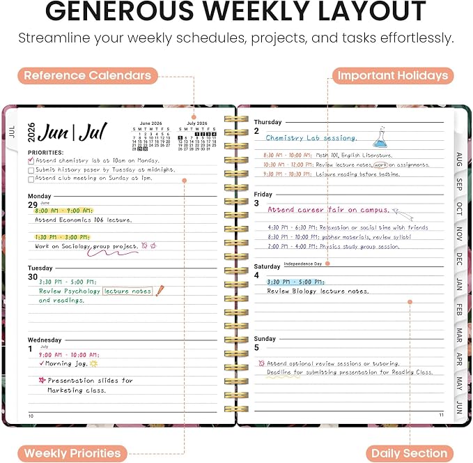 Planner 2026-2027, Monthly & Weekly Jul 2026-Jun 2027 Calendar Book | 6.3" x 8.5", Hardcover Spiral Planner with Tabs, School & Daily Pretty Agenda for Women, Students, Teachers, Blush Garden