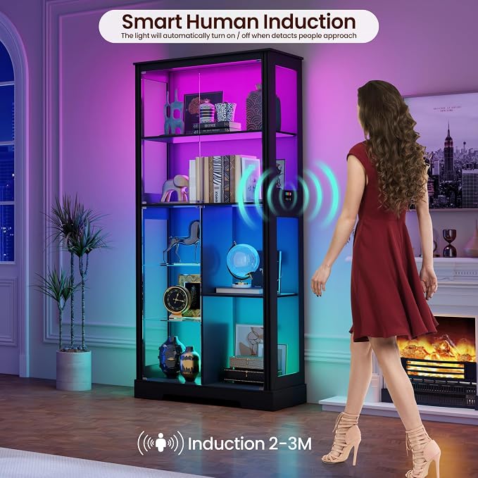 7-Tiers 71" Tall Display Cabinet with Glass Doors & Human Body Sensor-Black | 71inch Tall, 7+5 Color Lights, Fits Different Height Collectibles, Safety Lockable Keys, 4mm Thickened Glass, Easy Assembly