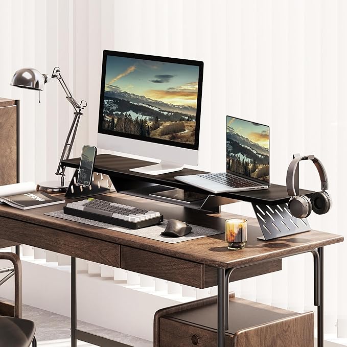 Fenge Dual Monitor Stand, Wooden Desk Shelf with Headphone & Phone Holder | 42.5" Monitor Riser with Storage Shelf, 2-Tier Monitor Shelf with Metal Leg for Home Office Organizer, Black