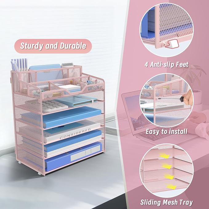 6 Tier Mesh Paper Desk Organizer with Pen Holders, Pink | Features 3 pen holders, and 5 adjustable compartments for office school home desk storage