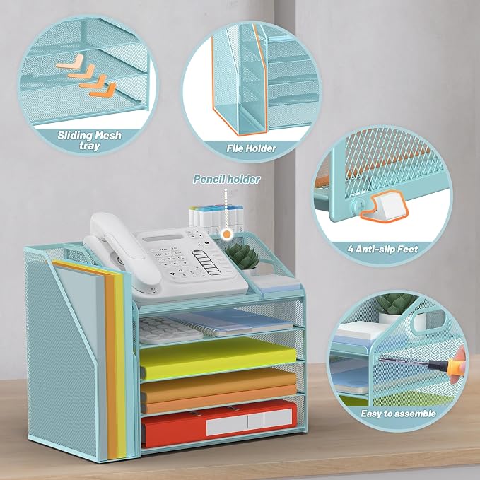 DocNest 5 Tier Metal Mesh Desk File Organizer with Phone Shelf, Blue | Desktop letter tray sorter features a 9.1x9.1 inch top phone holder, built-in sticky note compartment and pen holder