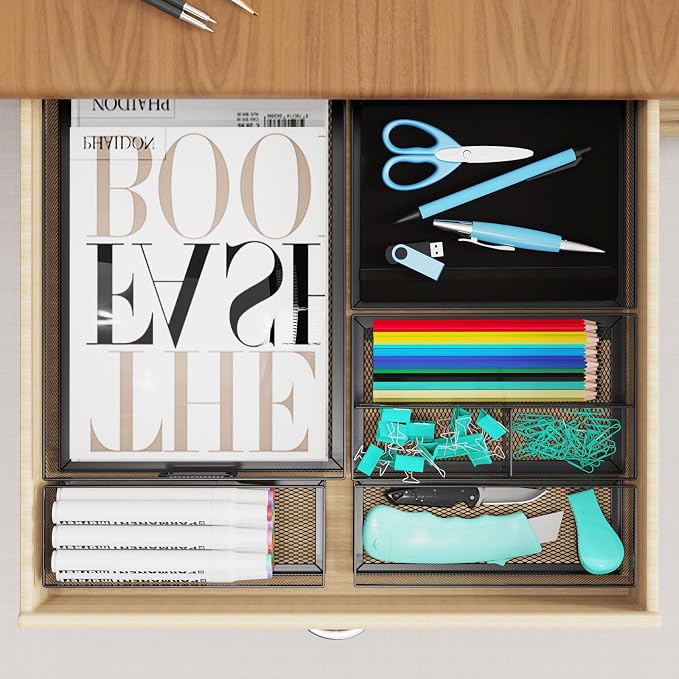 5 Pack Desk Drawer Organizers, Metal Mesh Office Desk Drawer Organizer Tray, Paper Organizer Letter Tray for Desk Accessories, Pen Pencil Holder for Office, Home, School, Classroom