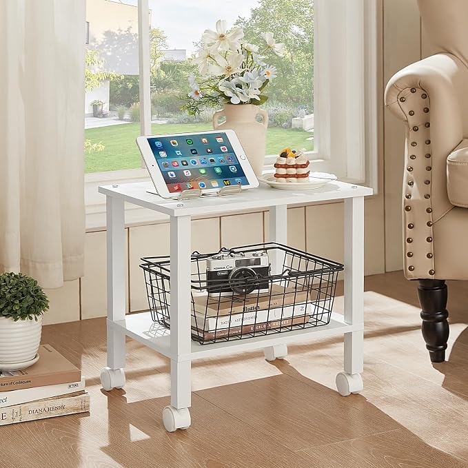 YUFAM 2 Tier Under Desk Printer Stand with Storage, White | Wooden Small Printer Table for Home Office, Rolling Printer Cart Shelf with Lockable Wheels