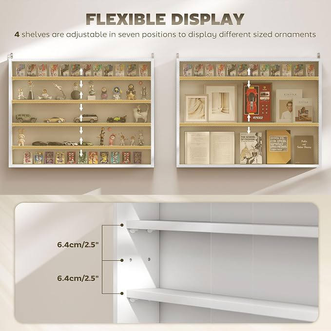 HOMCOM 5-Tier Wall Mounted Display Cabinet Glass Doors 60x80cm, White | Display Case, 4 Adjustable Shelves, for Home Office Ornaments