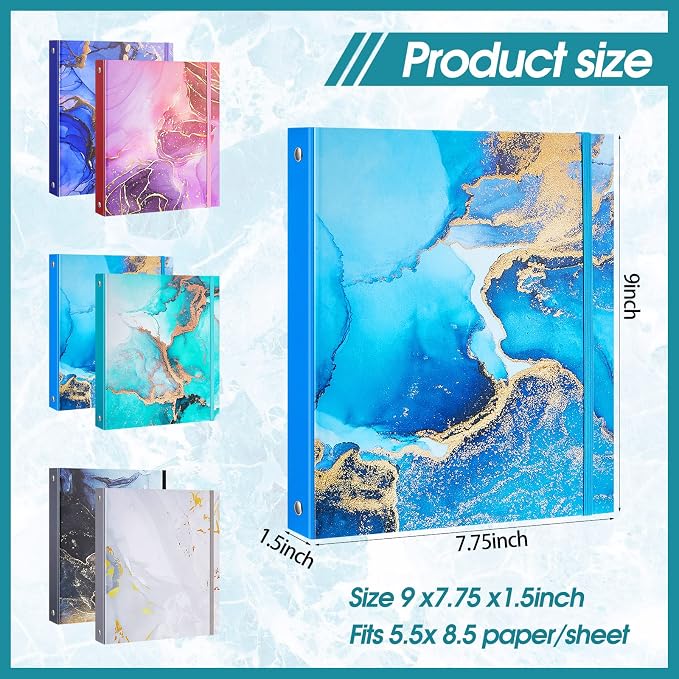 6 Pack Mini Binders 5.5 x 8.5 Three Ring 1 Inch Marble Binder with Elastic Cord Cute Hardcover Marble Binder Floral for School Office Home Photo Album Pages(Marble Style)