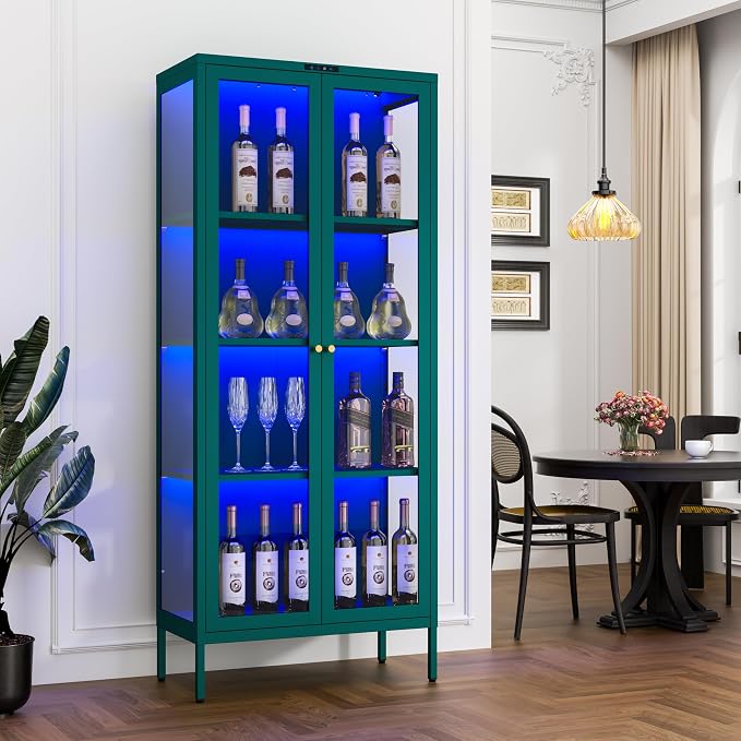 Polup 66" Green Glass Display Cabinet with 8-Color LED for Plants | Metal Frame & Tempered Glass Doors, Motion Sensor LED, 4-Tier Space, 3 Adjustable Shelves, for Indoor Plants & Figures