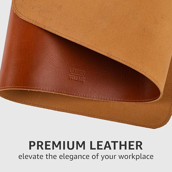 LEATHER VILLAGE Real Leather Desk Pad 3mm Thick Double Layer Desk Mat Tan | 32''x16'', Cover Blotter Large Full Grain Protector for Keyboard, Mouse & Laptop, Office Table Mat & Desktop Accessories