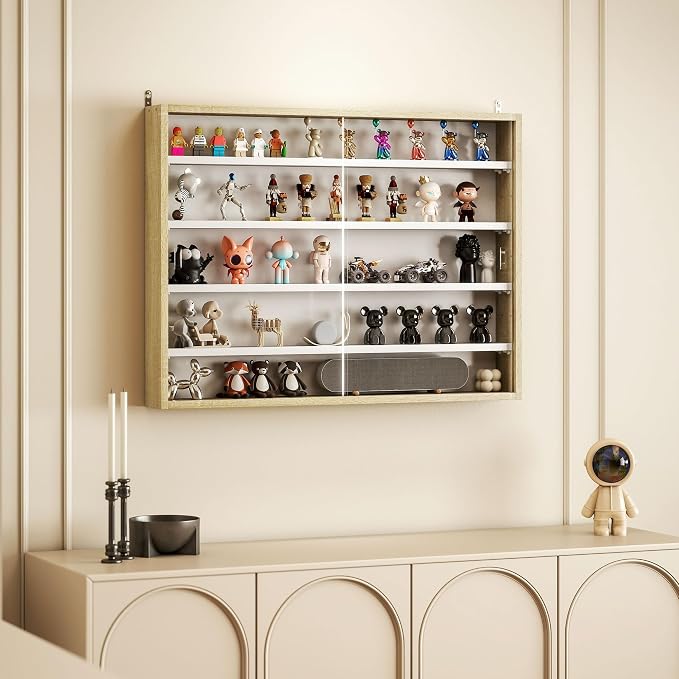 HOMCOM 5-Tier Wall Mounted Display Cabinet Glass Doors 60x80cm White/Oak | Display Case, 4 Adjustable Shelves, for Home Office Ornaments