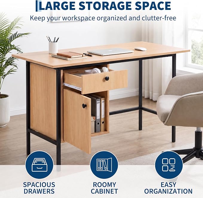 Garvee 47" Home Office Computer Desk with Drawer and Cabinet Storage | Simple Modern Desk for Bedroom, Home Office, Study, Writing, Study Table with Cabinet, Natural Oak+Black