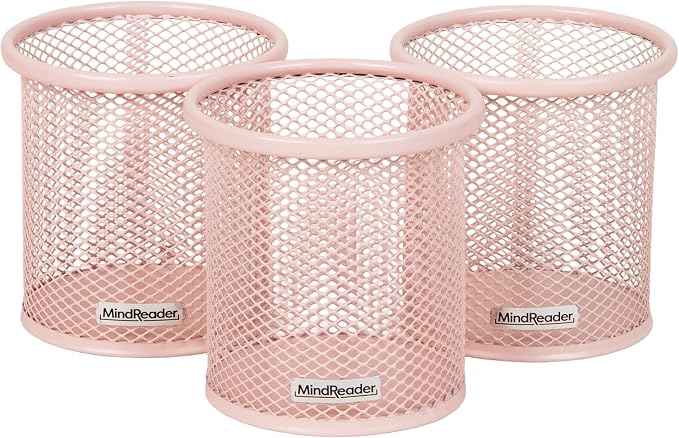 Mind Reader Pen and Accessories Holder, Desktop Organizer, Office, Metal Mesh, 3.5"L x 3.5"W x 3.75"H, Set of 3, Pink
