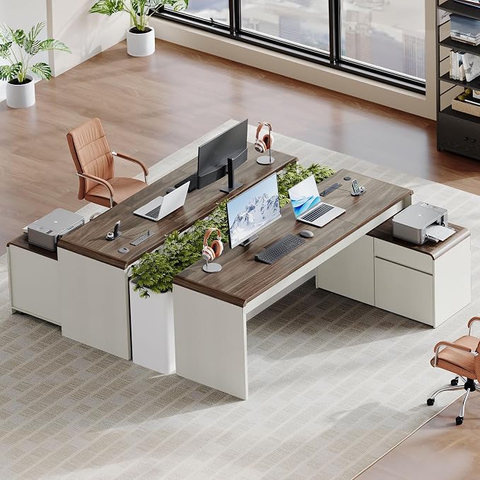 78" L-Shaped Desk with Mobile File Cabinet, White & Walnut | Mid-Century Executive L-Desk with Mobile File Cabinet, Drawers & Power Hub (4AC+2USB) Waterfall Edge. For Home Office
