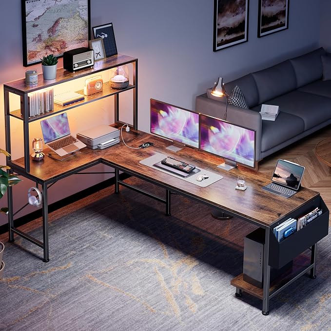 L Shaped Gaming Desk with LED Lights & Power Outlets | Reversible Computer Desk with Storage Shelves & Bag, Large Corner Home Office Desk for Work from Home, Rustic Brown