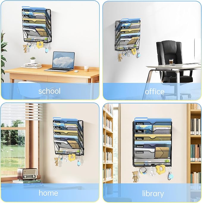 6-Tier Wall File Organizer with Hooks, Hanging File Organizer | Metal Mesh Mail Organizer, Wall Mounted File Organizer for Home, Classroom, Office Organization