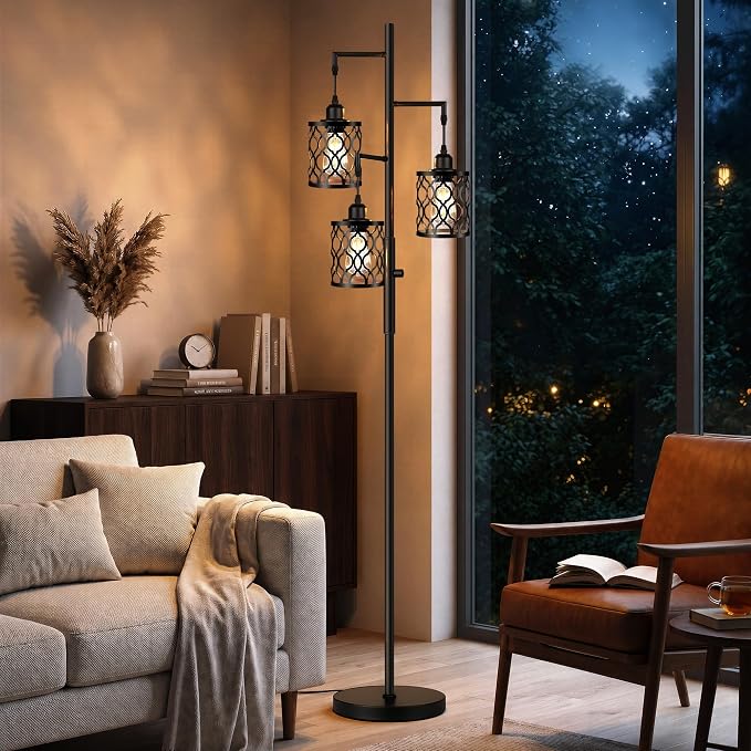 73" Dimmable Farmhouse floor lamps for living room, Industrial Tree Floor Lamp with 3 X 6W LED Bulbs, Stepless Dimming, Metal Cage Shades, 3 Light Rustic Standing Tall Lamp for Bedroom, Office, Black