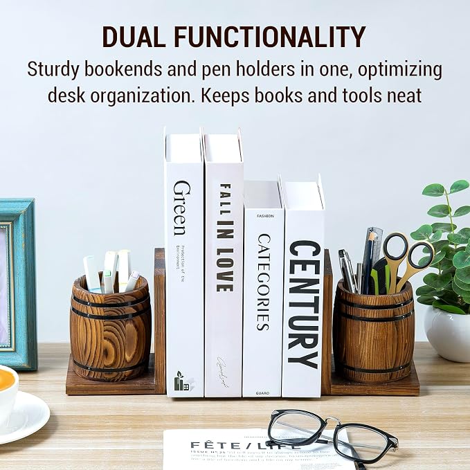 MyGift Rustic Wood Bookends with Pen Holders, Wine Barrel Design, 1 Pair | Built-in storage cups keep pens, pencils, and desk essentials organized while supporting books on shelves or desktops