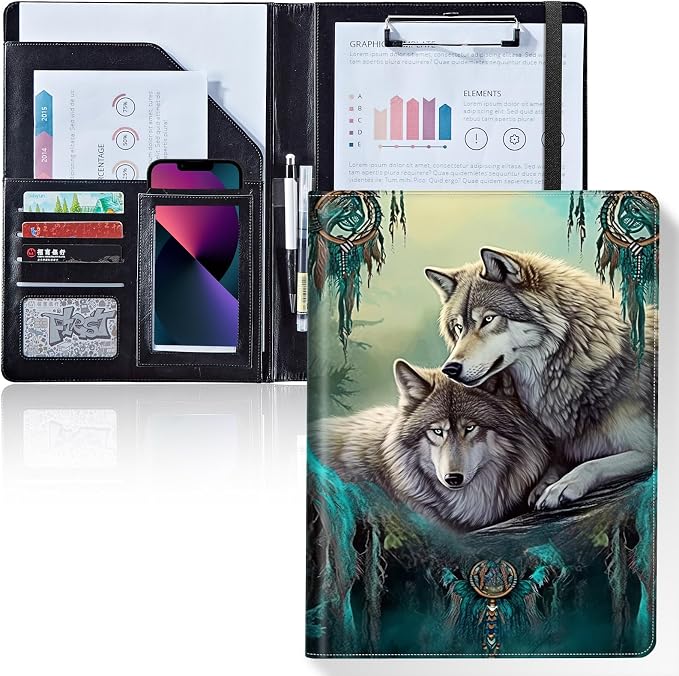 Padfolio/Portfolio Folder Clipboard,Padfolio Clipboard,Writing Portfolio Leather with Cover for Card Holder Slot Letter Size A4 for Office Conference Notepad Clip Boards,Lovely Wolf