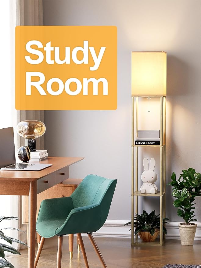 Floor Lamp with Shelves for Living Room Natural Wood, Shelf Floor Lamp with 3 CCT LED Bulb, Corner Display Standing Column Lamp Etagere Organizer Tower Nightstand with White Linen Shade for Bedroom