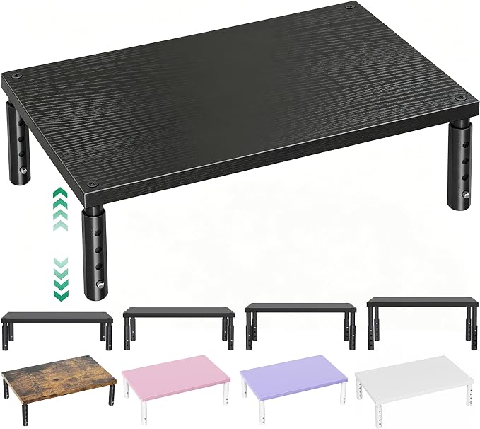 Adjustable Monitor Stand Riser for Desk, Wood Computer & Laptop Stand, Desk Organizers and Accessories, Office Desk Accessories & Workspace Organizer for Home Office Supplies, Black