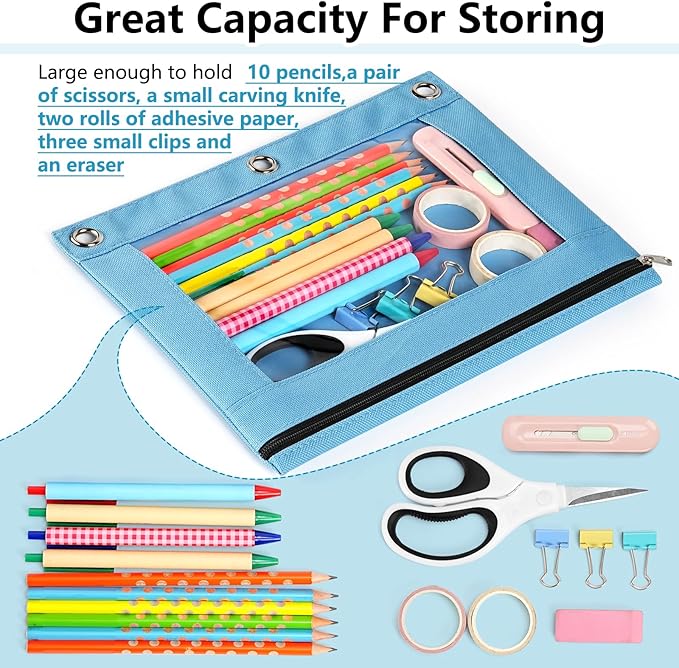 Forvencer 3 Ring Binder Pencil Pouch - Clear Window Pencil Case with Binder | Smooth Zipper, Big Capacity Pencil Bag with 3 Reinforced Grommets, Purple