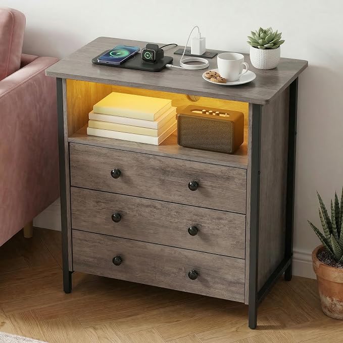 27" LED Nightstand Set 2 with Charging Station & 3 Drawers | RGB App Control, 2 AC Outlets & 2 USB Ports, Open Storage, Adjustable Feet, Wood Tall Nightstand for Bedroom or Office