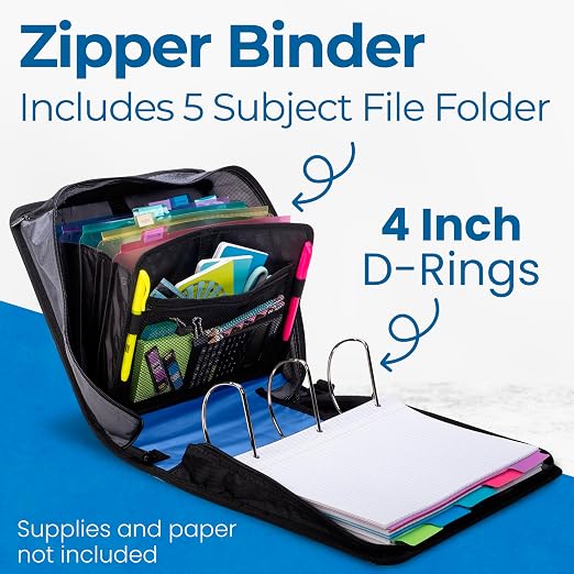 Case-it King Sized Zip Tab School Zipper Binder 4-Inch D-Rings,800 Sheet Capacity,5-Subject Expanding File Folder,Multiple Pockets & Storage Organizer,Shoulder Strap D-186 Midnight Blue(Pack of 4)