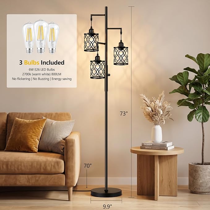 73" Dimmable Farmhouse floor lamps for living room, Industrial Tree Floor Lamp with 3 X 6W LED Bulbs, Stepless Dimming, Metal Cage Shades, 3 Light Rustic Standing Tall Lamp for Bedroom, Office, Black