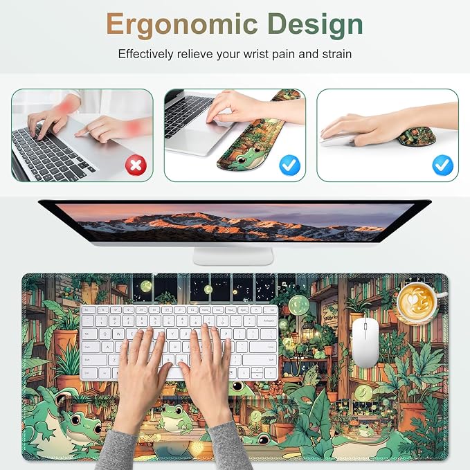 Large Gaming Mouse Pad Set, 4 in 1 Ergonomics Keyboard Desk Mat with Memory Foam Wrist Rest, Computer PC Extended Game Mousepad, Non-Slip Desk Matt Easy Typing Pain Relief I Frog & Mushroom