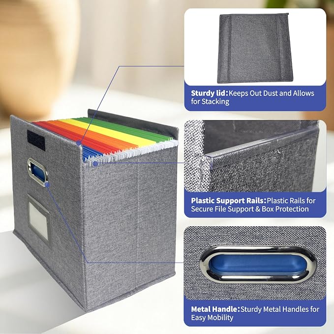 6 Pack Hanging File Folder Box with Lid, Durable Letter Size Filing Storage Box, Sturdy File Holder with Cardboard Support PVC Rails for Office Home Organizer, Gray