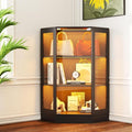 Corner Display Cabinet with Glass Doors, 3-Tier Curio Cabinets with RGB Lights, 42" Display Case with Wood Shelves for Collectibles, Black
