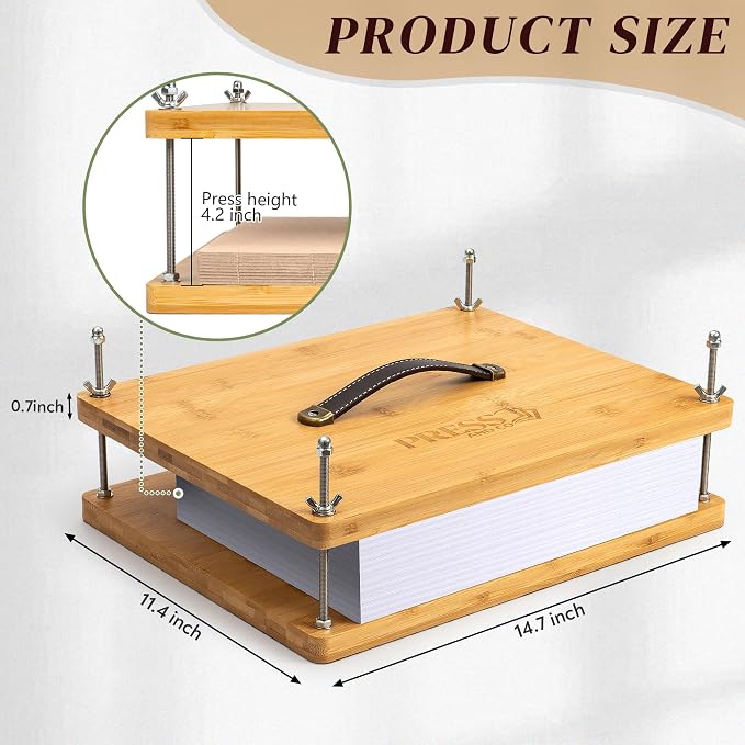 Pressandco Book Press – 14.6" x 11.6" Wooden Bookbinding Press with Leather Handle for Binding Books, Repair, Rebinding & Paper Craft – Includes Tools: 10 Binder Boards & Bookbinding Cloth