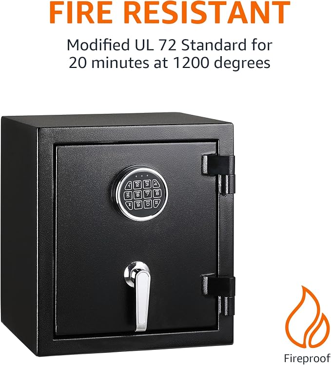Amazon Basics Fire Resistant Security Safe with Programmable Electronic Keypad for Documents and Valuables, 0.83 Cubic Feet, 14.17"W x 12.2"D x 15.75"H, Black