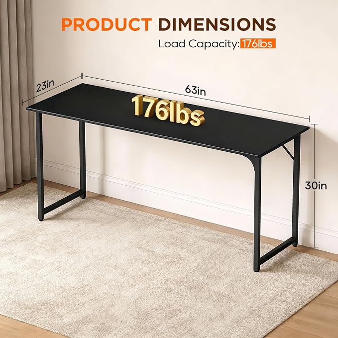 PayLessHere | 63 Inch Computer Desk | Black | Office Desk with Metal Frame, Adjustable Feet | Water-Resistant, Scratchproof Surface | Sturdy Writing Table for Home Office or Study | Pack of 1